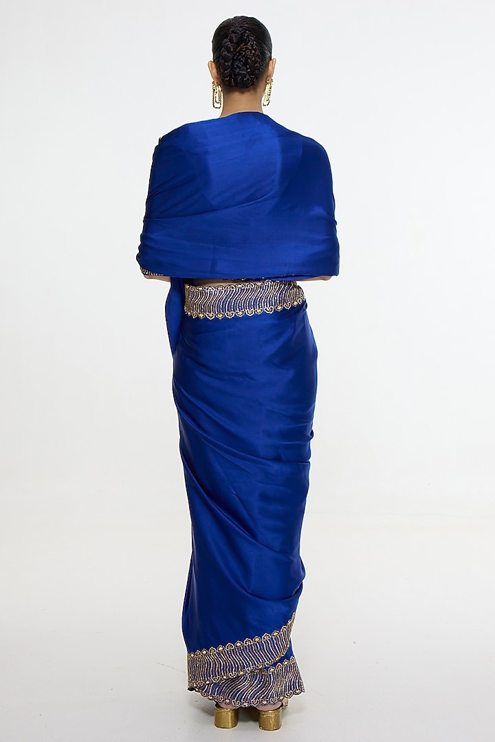 Marine Blue Satin Silk Handwoven Embroidered Wedding Saree by Ekaya at Pernia's Pop Up Shop