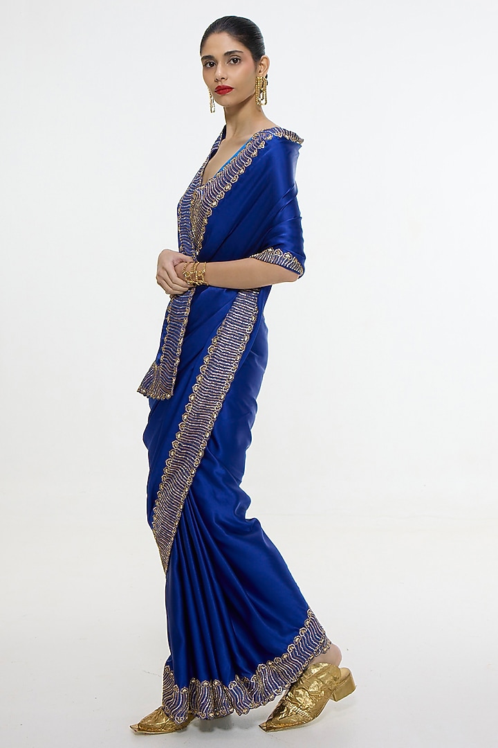 Marine Blue Satin Silk Handwoven Embroidered Wedding Saree by Ekaya at Pernia's Pop Up Shop