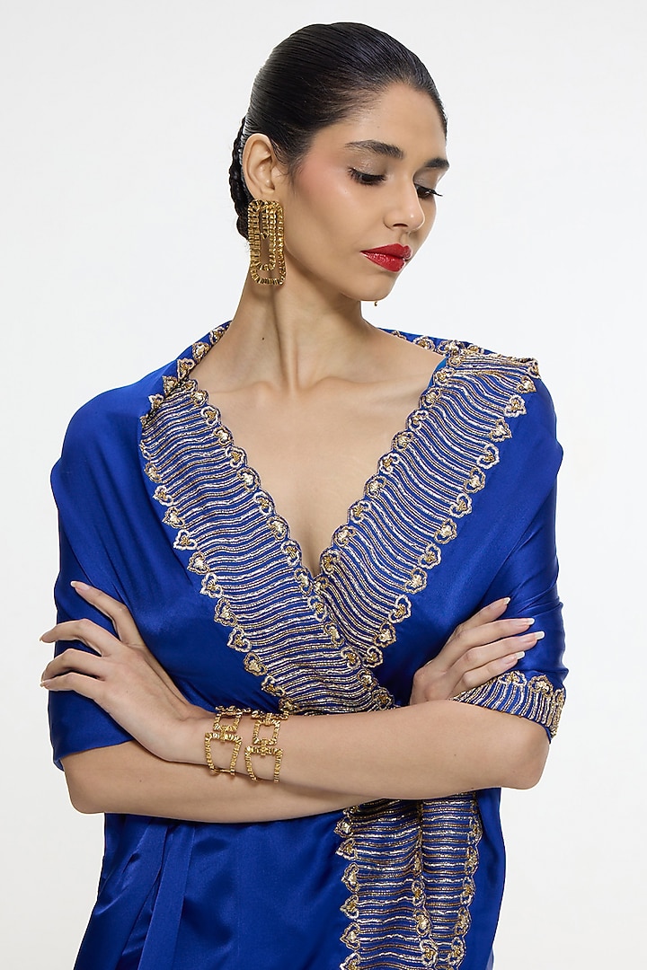 Marine Blue Satin Silk Handwoven Embroidered Wedding Saree by Ekaya at Pernia's Pop Up Shop