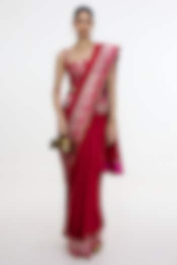 Rose Red Satin Silk Handwoven Wedding Saree by Ekaya at Pernia's Pop Up Shop