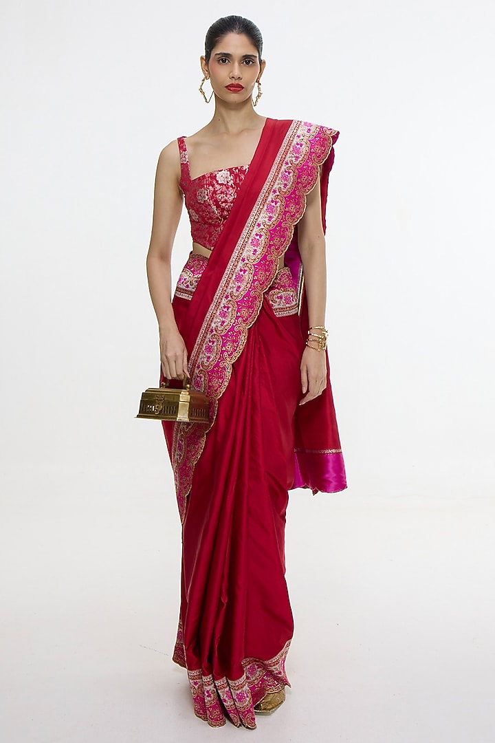 Rose Red Satin Silk Handwoven Wedding Saree by Ekaya at Pernia's Pop Up Shop