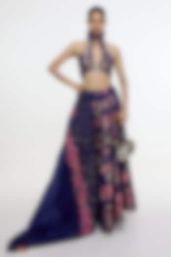 Aubergine Satin Silk Banarasi Cutwork Wedding Lehenga Set by Ekaya at Pernia's Pop Up Shop