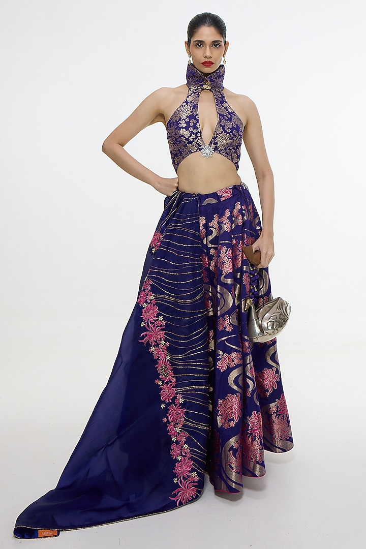 Aubergine Satin Silk Banarasi Cutwork Wedding Lehenga Set by Ekaya at Pernia's Pop Up Shop