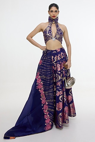 Aubergine Satin Silk Banarasi Cutwork Lehenga Set by Ekaya