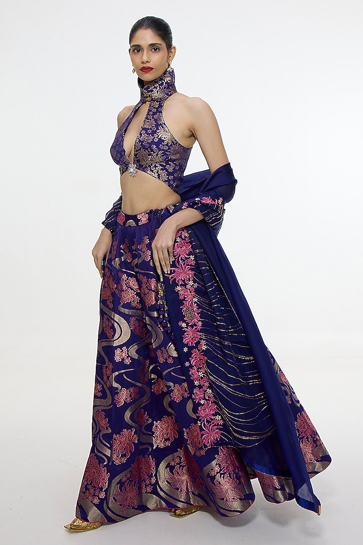 Aubergine Satin Silk Banarasi Cutwork Bridal Lehenga Set by Ekaya at Pernia's Pop Up Shop