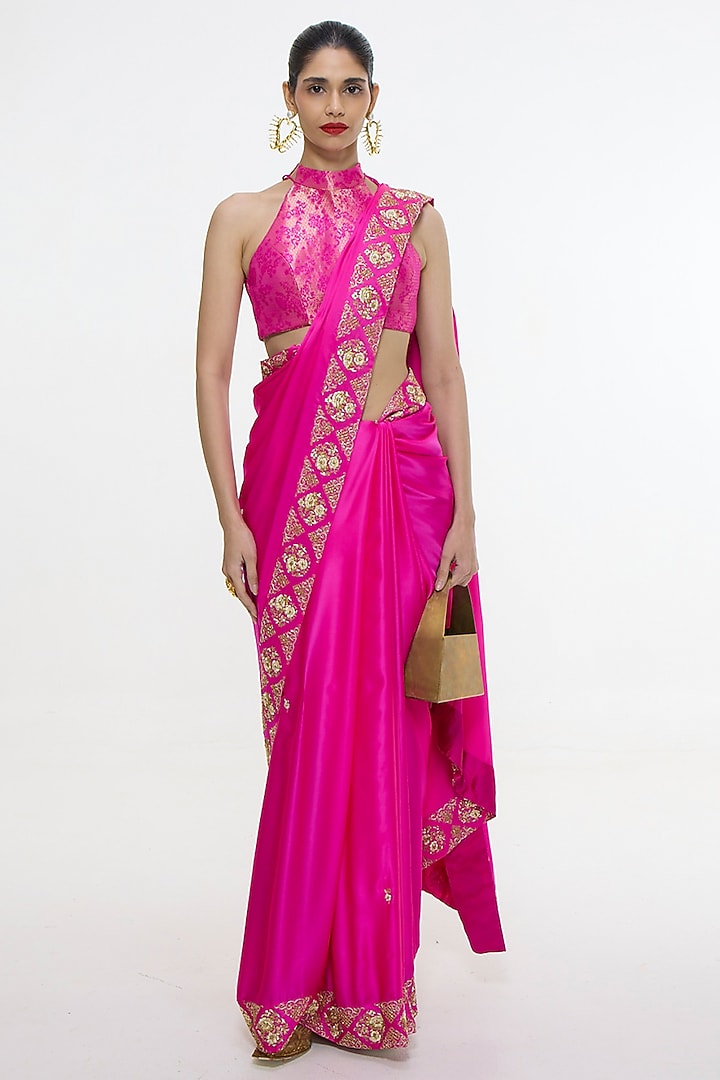 Pink Mushroom Silk Embroidered Wedding Saree by Ekaya at Pernia's Pop Up Shop