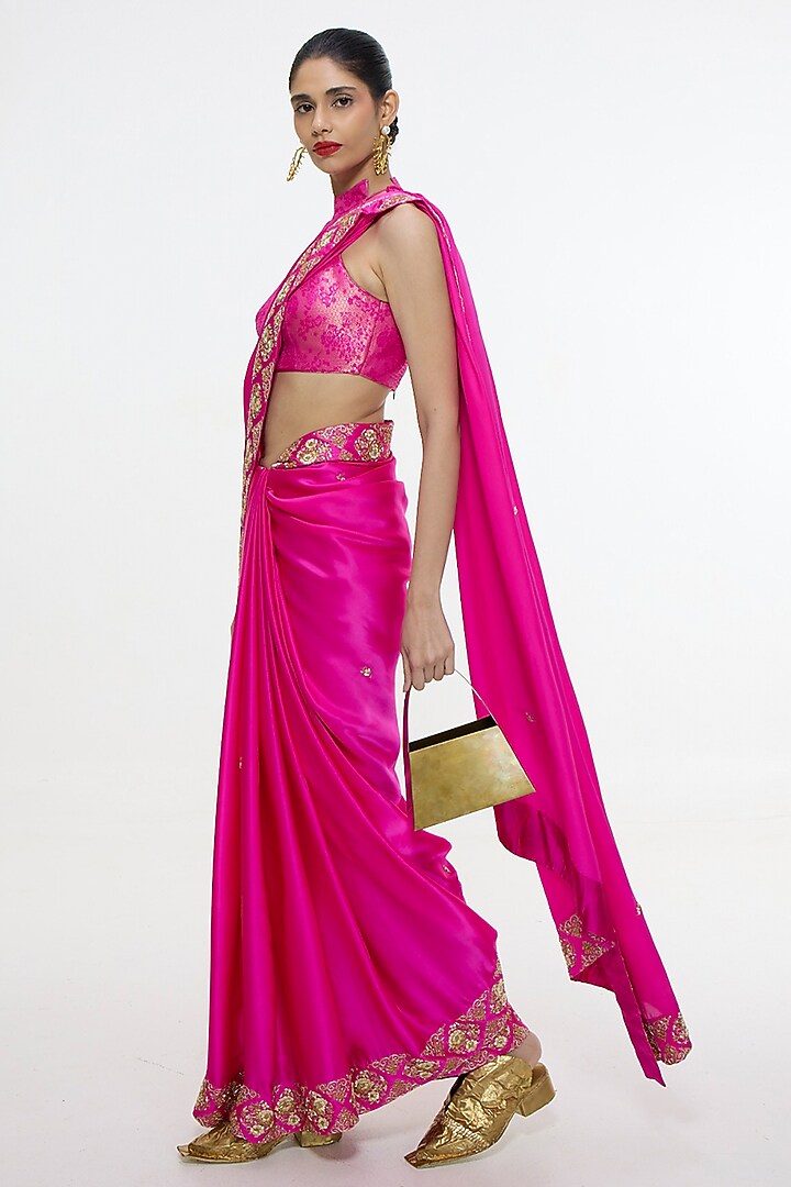 Pink Mushroom Silk Embroidered Wedding Saree by Ekaya at Pernia's Pop Up Shop