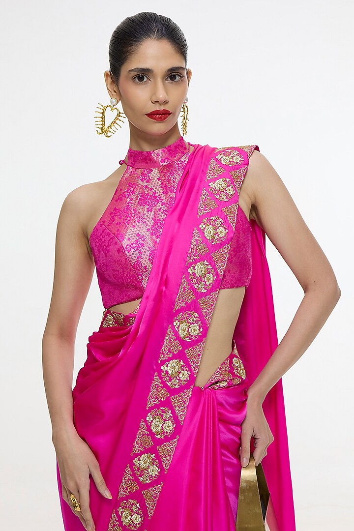 Pink Mushroom Silk Embroidered Wedding Saree by Ekaya at Pernia's Pop Up Shop