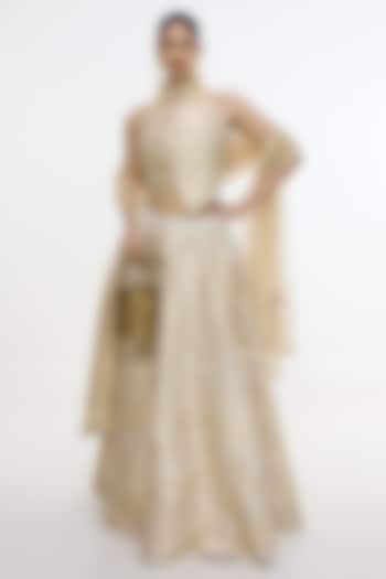 Ivory & Gold Satin Silk Handwoven Bridal Lehenga Set by Ekaya at Pernia's Pop Up Shop