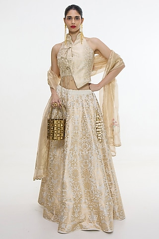 Ivory & Gold Satin Silk Handwoven Lehenga Set by Ekaya
