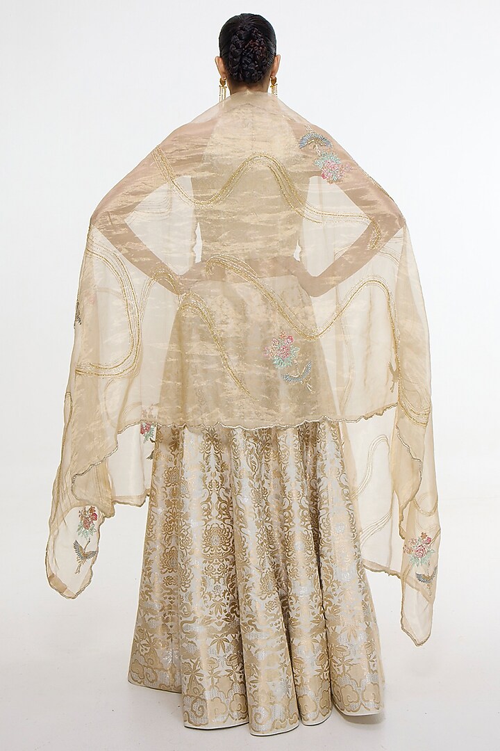Ivory & Gold Satin Silk Handwoven Bridal Lehenga Set by Ekaya at Pernia's Pop Up Shop
