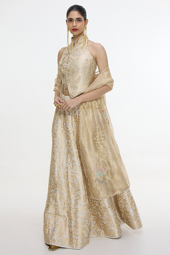 Ivory & Gold Satin Silk Handwoven Bridal Lehenga Set by Ekaya at Pernia's Pop Up Shop