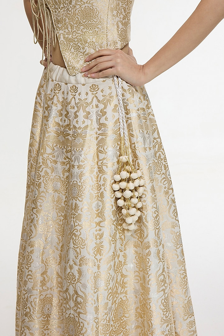 Ivory & Gold Satin Silk Handwoven Bridal Lehenga Set by Ekaya at Pernia's Pop Up Shop