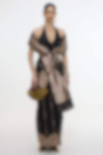 Black Satin Silk Motif Handwoven Wedding Saree by Ekaya at Pernia's Pop Up Shop