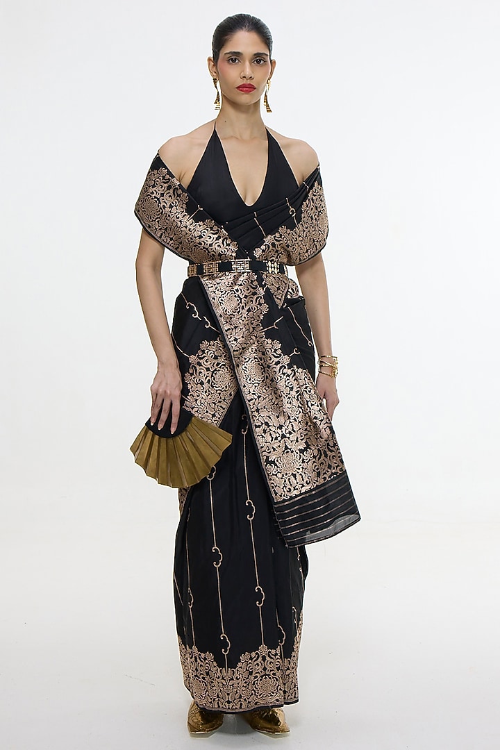 Black Satin Silk Motif Handwoven Wedding Saree by Ekaya at Pernia's Pop Up Shop