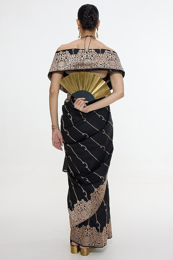 Black Satin Silk Motif Handwoven Wedding Saree by Ekaya at Pernia's Pop Up Shop