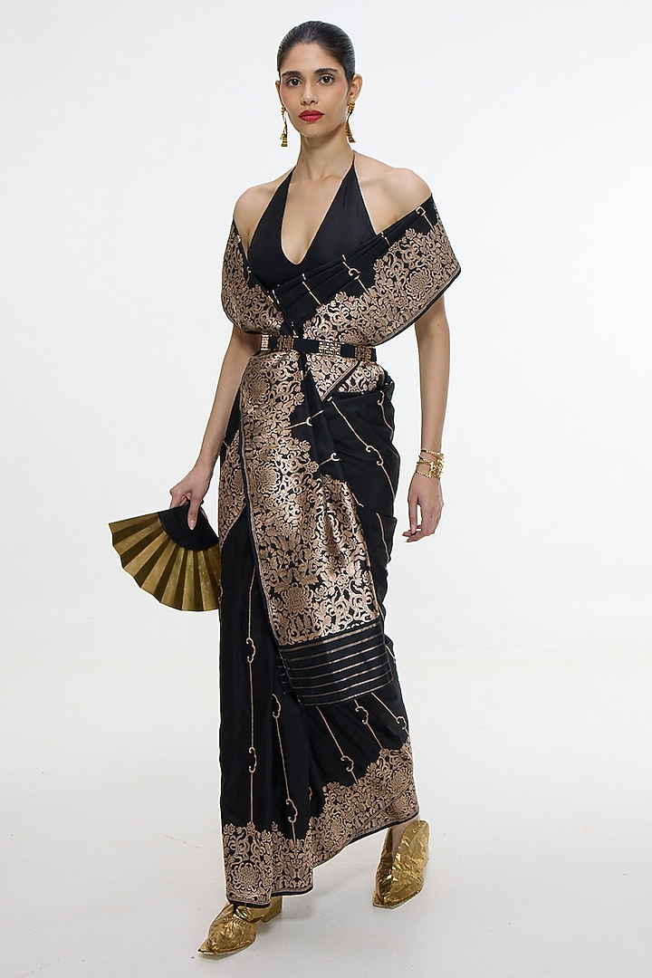 Black Satin Silk Motif Handwoven Wedding Saree by Ekaya at Pernia's Pop Up Shop