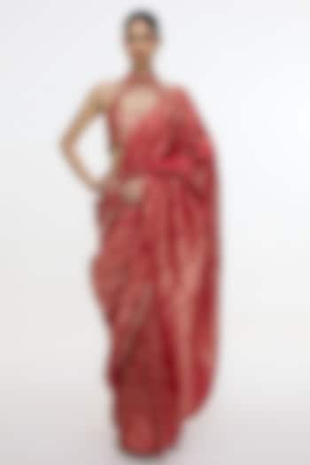 Crimson Red Satin Silk Handwoven Wedding Saree by Ekaya at Pernia's Pop Up Shop