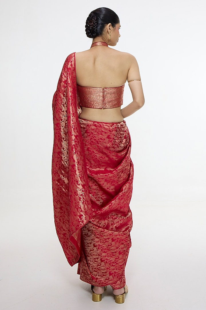 Crimson Red Satin Silk Handwoven Wedding Saree by Ekaya at Pernia's Pop Up Shop