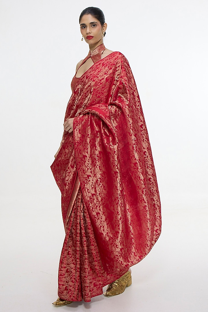Crimson Red Satin Silk Handwoven Wedding Saree by Ekaya at Pernia's Pop Up Shop