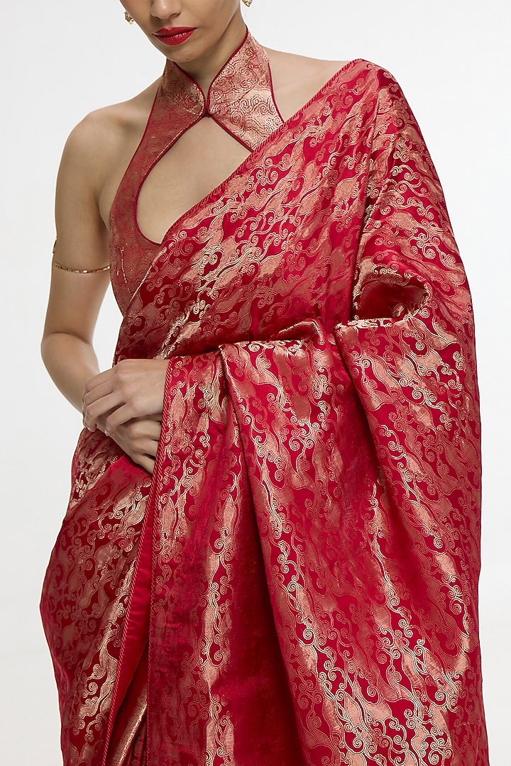 Crimson Red Satin Silk Handwoven Wedding Saree by Ekaya at Pernia's Pop Up Shop