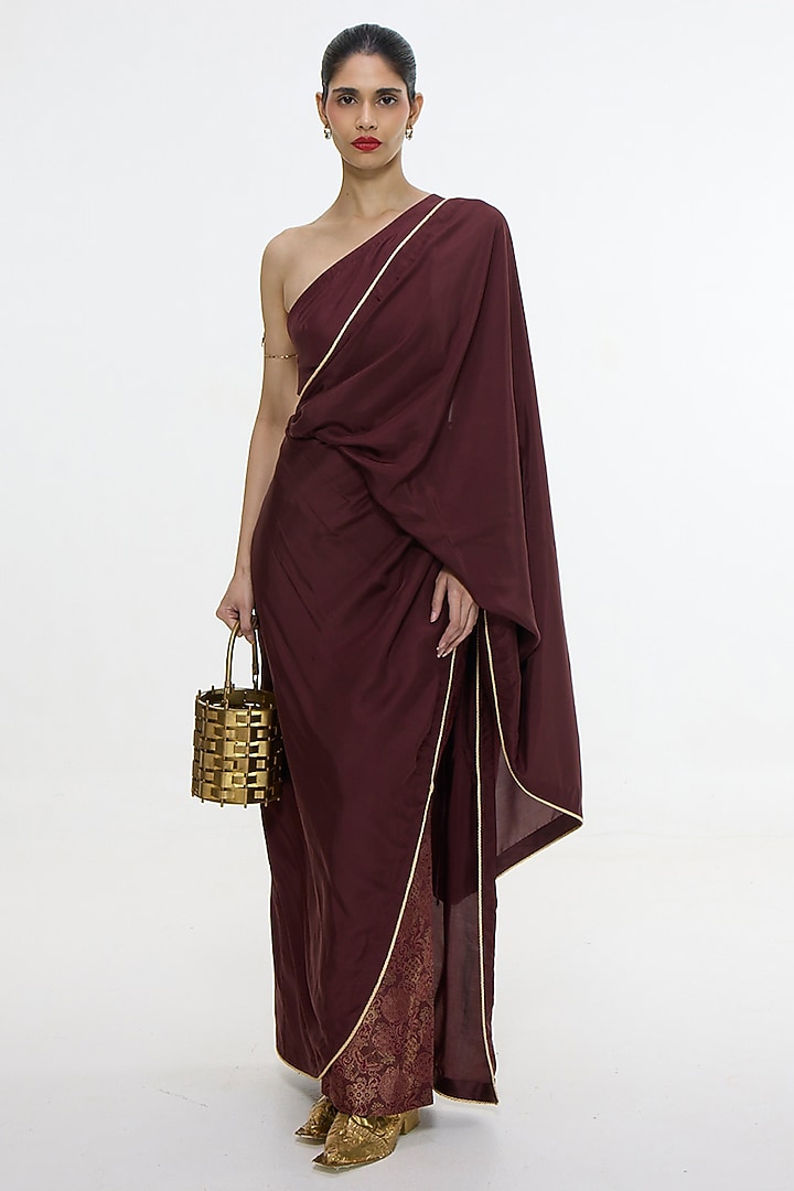 Garnet Mushroom Silk Handwoven Pre-Draped Wedding Saree by Ekaya at Pernia's Pop Up Shop