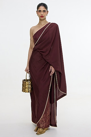 Garnet Mushroom Silk Handwoven Pre-Draped Saree by Ekaya