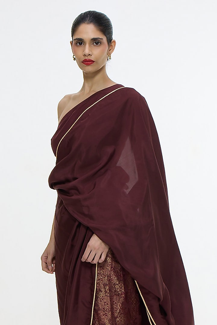 Garnet Mushroom Silk Handwoven Pre-Draped Wedding Saree by Ekaya at Pernia's Pop Up Shop