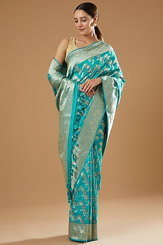 Turquoise Handwoven Silk Saree by Ekaya