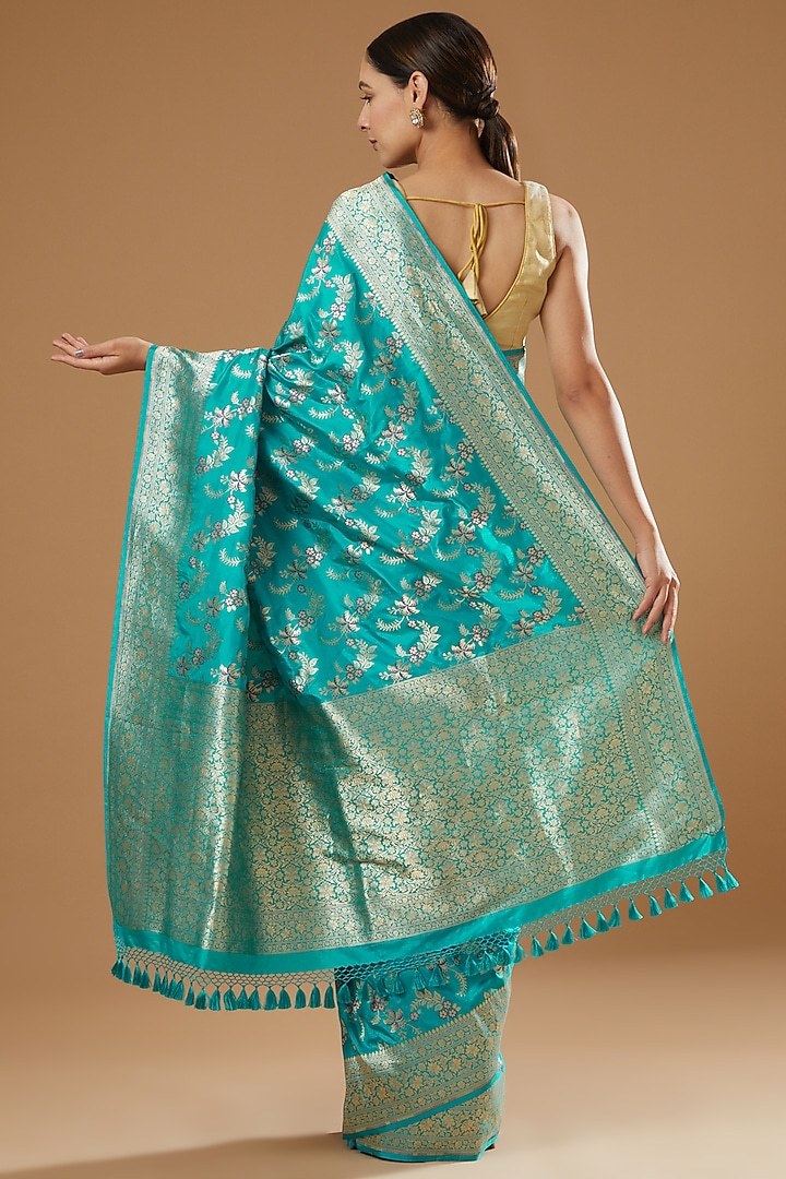 Turquoise Handwoven Silk Reception Saree by Ekaya at Pernia's Pop Up Shop