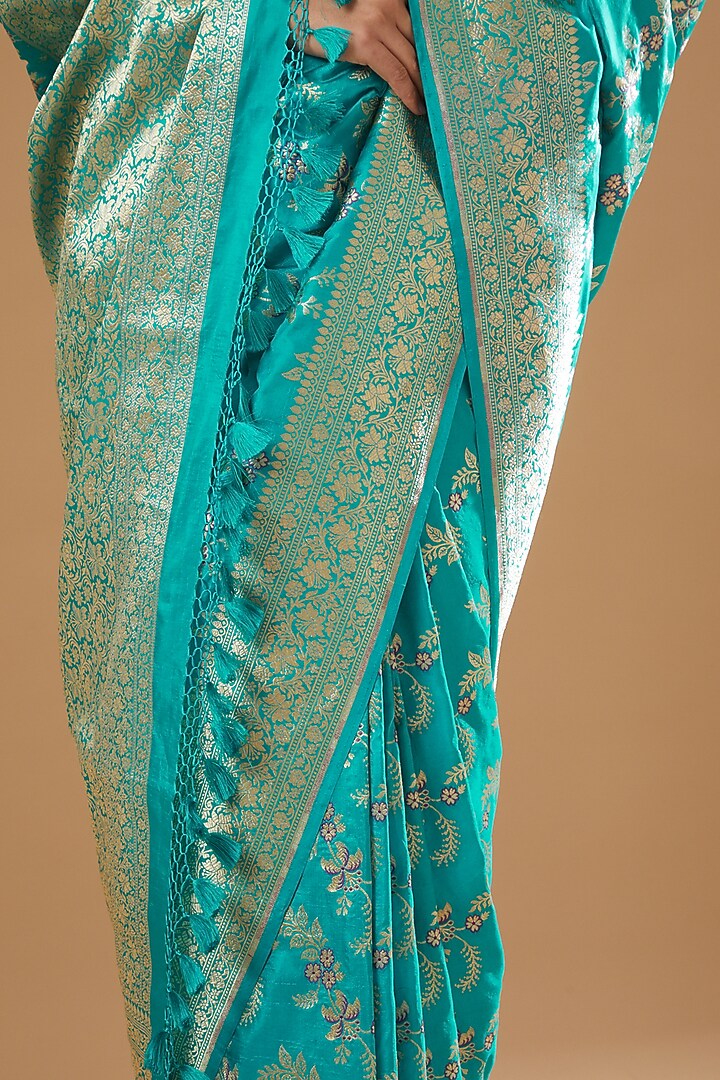 Turquoise Handwoven Silk Reception Saree by Ekaya at Pernia's Pop Up Shop