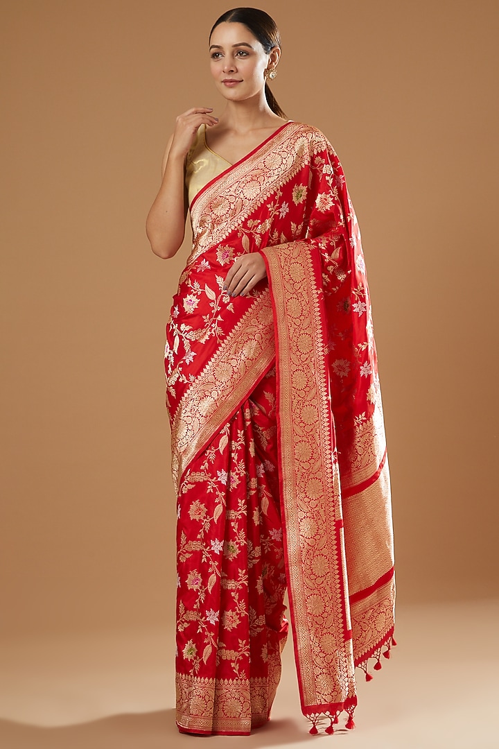 Red Handwoven Silk Reception Saree by Ekaya at Pernia's Pop Up Shop