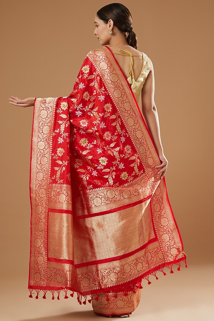 Red Handwoven Silk Reception Saree by Ekaya at Pernia's Pop Up Shop