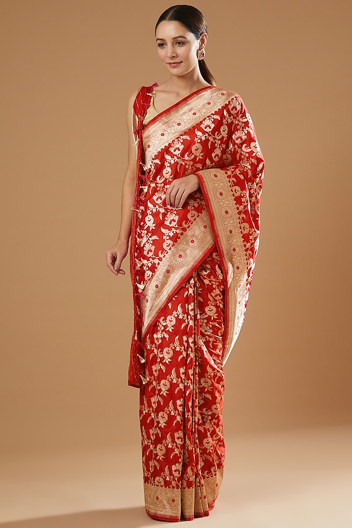 Red Handwoven Silk Saree by Ekaya