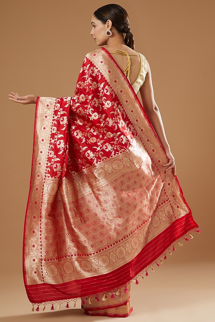 Red Handwoven Silk Reception Saree by Ekaya at Pernia's Pop Up Shop
