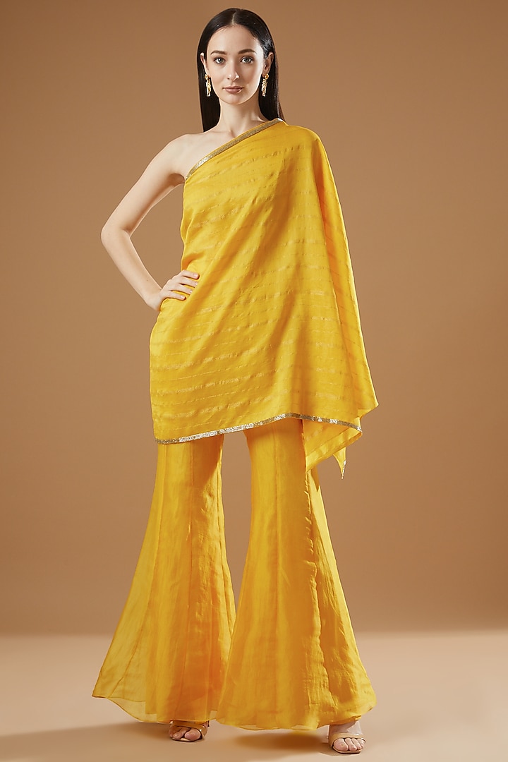 Yellow Silk & Organza Co-Ord Set by AROHI
