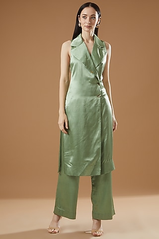 Mint Green Modal & Satin Jacket Set by AROHI