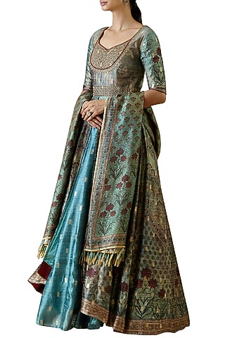 Turquoise digital printed & embroidered anarkali by Ekaya