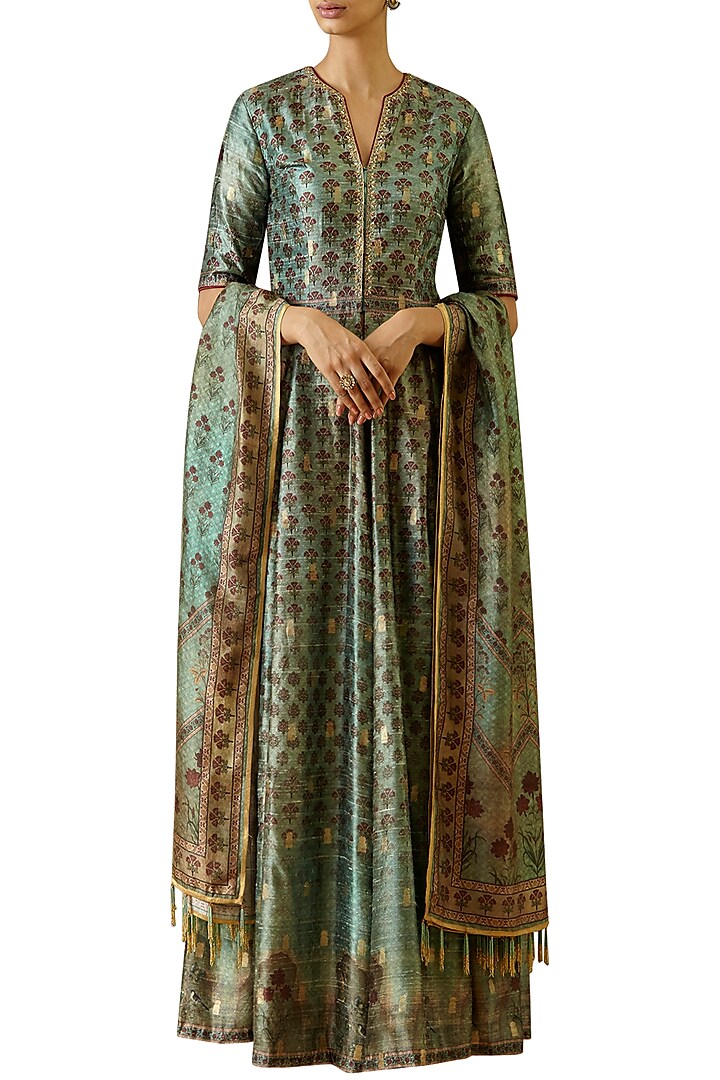 Turquoise hand embroidered printed kurta set by Ekaya