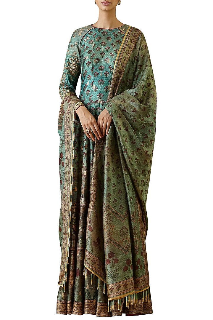 Turquoise hand embroidered & printed anarkali gown by Ekaya