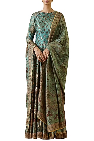 Turquoise hand embroidered & printed anarkali gown by Ekaya