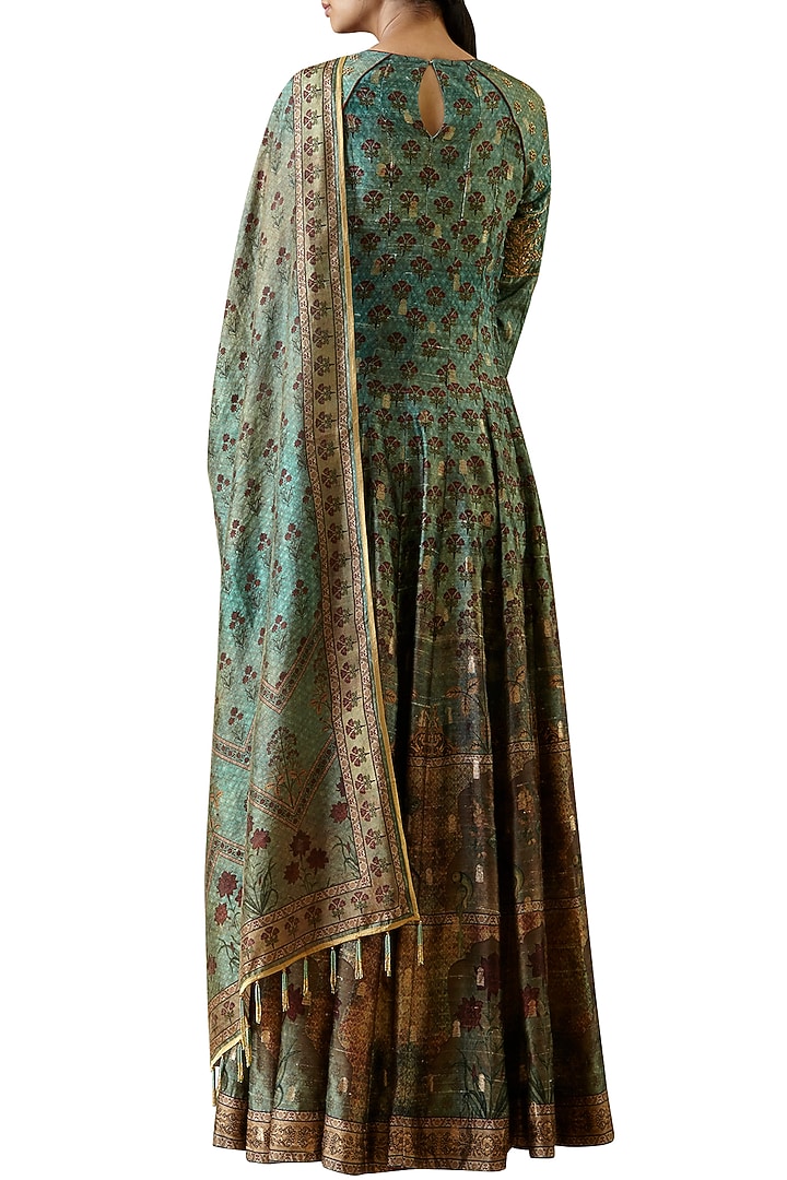 Turquoise Digital Printed Embroidered Chinnon Silk Anarkali Gown