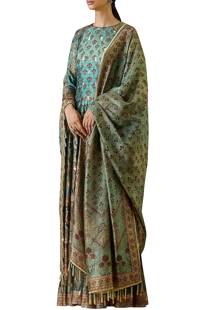 Turquoise hand embroidered anarkali gown available only at Pernia's Pop Up Shop.
