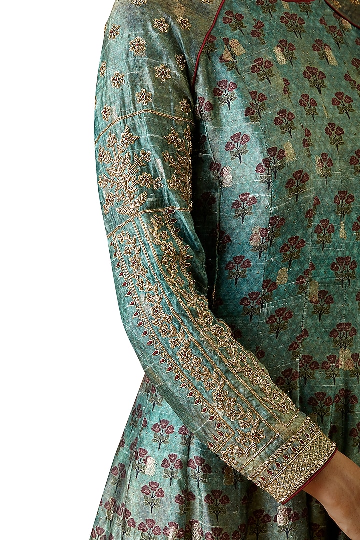 Turquoise hand embroidered anarkali gown available only at Pernia's Pop Up Shop.