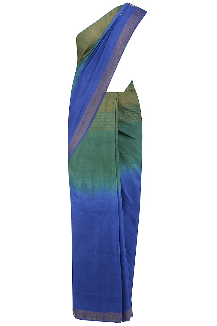 Berry Blue and Fern Green Shaded Saree with Grey Crop Top by Ekadi