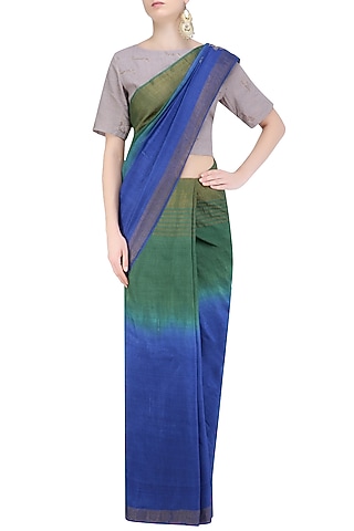 Berry Blue & Fern Green Tussar Silk Shaded Saree Set by Ekadi