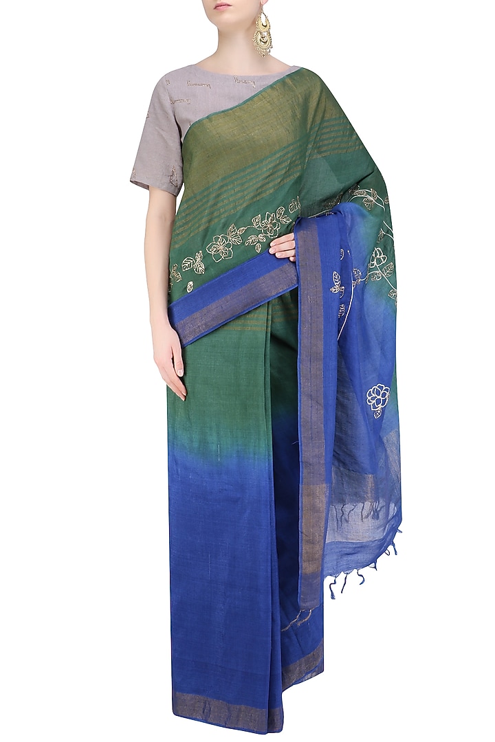 Berry blue and fern green shaded saree with grey crop top available only at Pernia's Pop Up Shop.