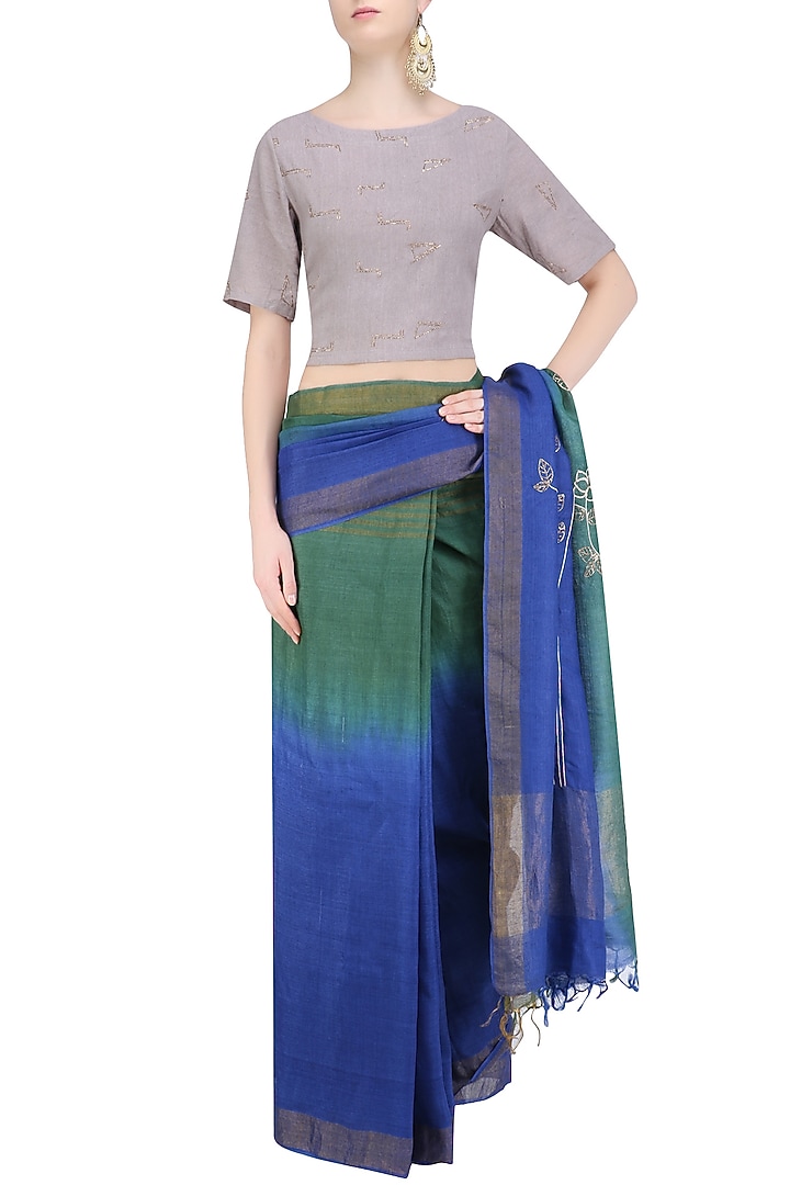 Berry blue and fern green shaded saree with grey crop top available only at Pernia's Pop Up Shop.