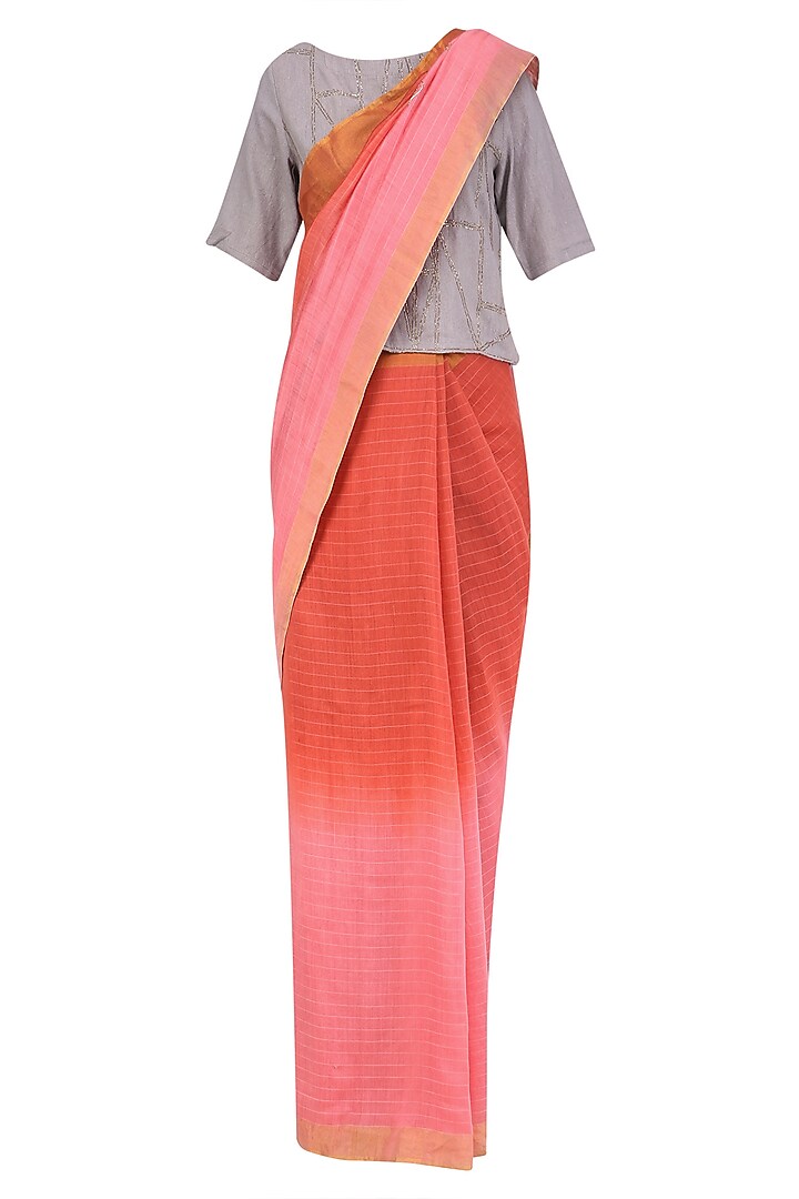 Pink and rose pink ombre shaded saree with grey crop top