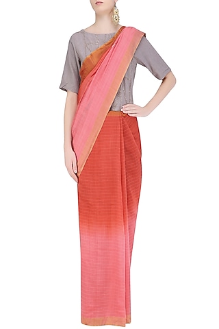 Pink & Rose Pink Ombre Shaded Saree Set by Ekadi